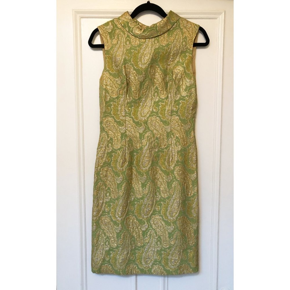 Vintage 1960's Green and Metallic Sleeveless Shift Dress w/ Peter Pan Collar, S